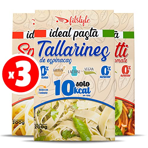 (x3) FITstyle KETO Pasta Konjac de sabores 200g | Konjac Espinacas, Albahaca y Tomate | Sin calorías | Saciante | Escurrir, aliñar y listo