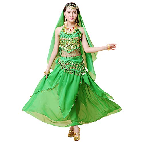 Xinvivion 4 Piezas Mujer Señoras Danza del Vientre Profesional Conjunto de Vestuario Danza India Rendimiento Outfit Traje (Verde Oscuro,Ajuste 35-45 KG)