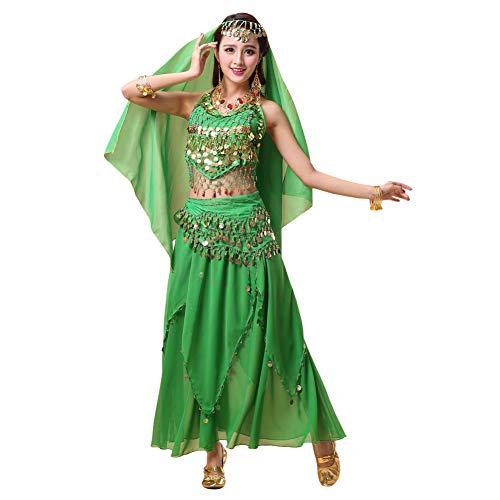 Xinvivion 4 Piezas Mujer Señoras Danza del Vientre Profesional Conjunto de Vestuario Danza India Rendimiento Outfit Traje (Verde Oscuro,Ajuste 35-45 KG)