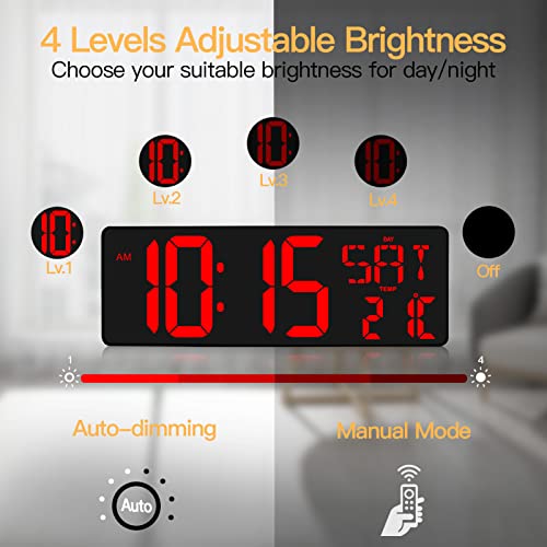 XREXS Despertador Digital con Control Remoto, 16,5'' Reloj de Pared LED Digital, Reloj Despertador Digital con Brillo Ajustable, Despertador Digital Pilas con Hora/Fecha/Temperatura (Batería Incluida)