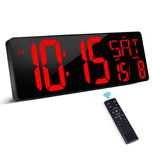 XREXS Despertador Digital con Control Remoto, 16,5'' Reloj de Pared LED Digital, Reloj Despertador Digital con Brillo Ajustable, Despertador Digital Pilas con Hora/Fecha/Temperatura (Batería Incluida)