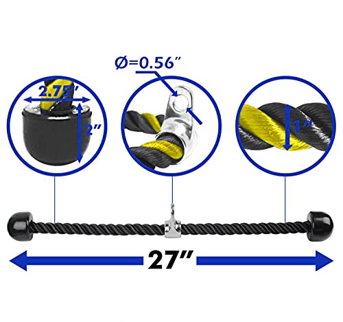 XYZDOUBLE Cuerda Tríceps Heavy Duty Tricep Rope Cable Pull Down Cuerda Equipo Nylon Manijas Antideslizantes - Dorsal, Biceps, Triceps, Gimnasio o Hogar (90cm, Amarillo)