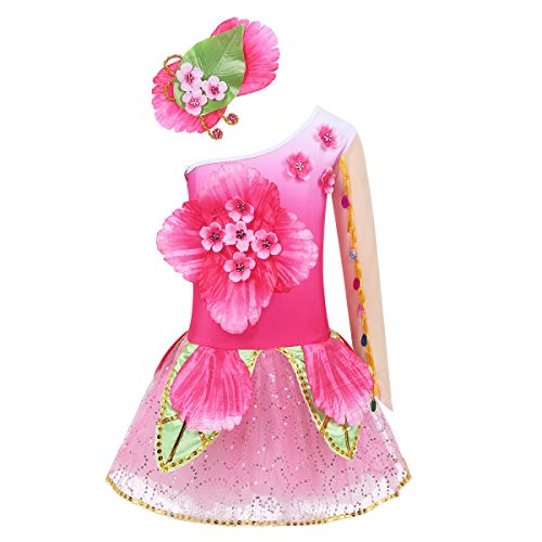 YiZYiF Niña Vestido de Flores Fiesta Vestido de Danza Ballet Lentejuelas Conjuntos Disfraz de Fiesta Hadas Ropa Rendimiento Contemporanea Rosa Oscuro 130cm