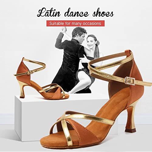 YKXLM Mujeres&Niña Zapatos latinos de baile Zapatillas de baile de salón Salsa Tango Performance Calzado de Danza,ES805-7,Marrón color,EU 38.5
