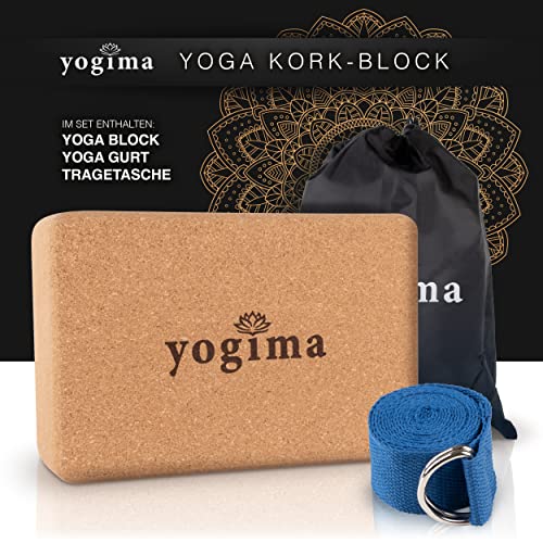 YOGIMA Bloque de corcho para yoga y pilates (22,5 x 15 x 7,5 cm) – Bloque de corcho natural para yoga y pilates con correa de yoga de 183 cm