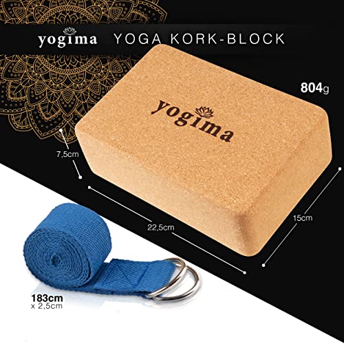 YOGIMA Bloque de corcho para yoga y pilates (22,5 x 15 x 7,5 cm) – Bloque de corcho natural para yoga y pilates con correa de yoga de 183 cm