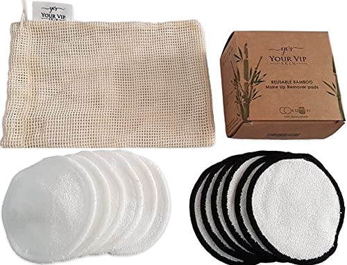 YOUR VIP SKIN® - 12 discos desmaquillantes orgánicos reutilizables, lavables, ecológicas, de algodón de bambú natural, redondas, para todo tipo de piel, con bolsa de lavandería de algodón
