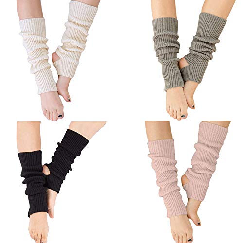 YUANQIAN Calentadores de piernas de punto para mujer, extra suaves sobre la rodilla, sin pies, para yoga, ballet, danza (negro, blanco, gris, rosa, 4 pares)