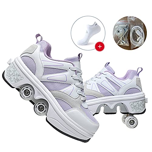 YXHUI Zapatos con Ruedas de Deformación Patines con Rueda de Deformación de Doble Fila Automático y 7 Barras de Luz Que Cambian de Color Zapatos de Patinaje para Niños Adultos,Purple-EU35/UK2
