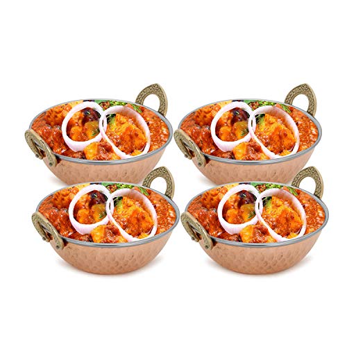 Zap Impex Juego de 4 platos indios de Karahi y platos indios de acero inoxidable de cobre y raciones de curry (13 cm)