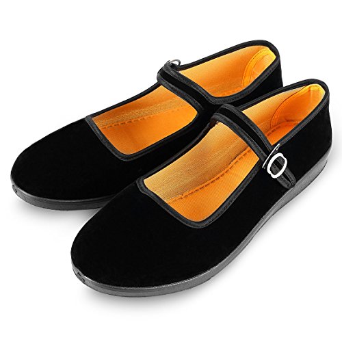 Zapatos Mary Jane de Terciopelo de Las Mujeres Algodón Negro Antigua Pekín Pisos de Tela Ejercicio de Yoga Zapatos de Baile (34 EU)，suba uno o Dos tamaños al Realizar el Pedido