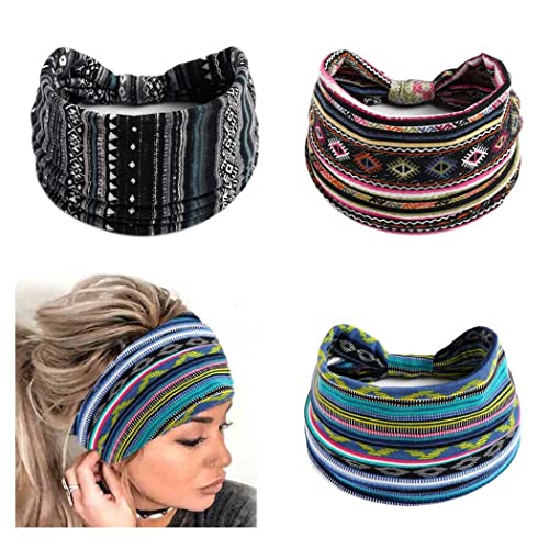 Zoestar Boho, diademas anchas, bandas para el pelo, con turbante anudado, elegante, elásticas y gruesas, para mujeres y niñas (paquete de 3) (B)