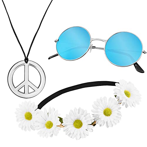 Balinco Juego de 3 piezas hippie con cinta para la cabeza, cadena con símbolo de la paz, gafas de sol redondas de níquel con cristales azules.