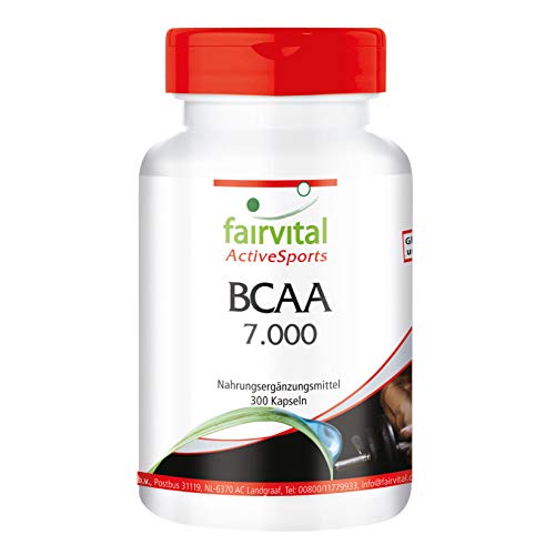 BCAA 7000 - Aminoácidos ramificados - Suplemento VEGANO y sin aditivos - 300 Cápsulas - Valina + Leucina + Isoleucina - Calidad Alemana