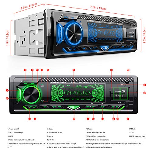 CENXINY Radio Coche Bluetooth, 1 DIN Universal 4X65W Autoradio Bluetooth Manos Libres Incorporado Micrófono Bluetooth 5.0, USB/TF/FM/AUX/WMA/WAV/MP3 Media Player Bass con 7 Luces de Colores