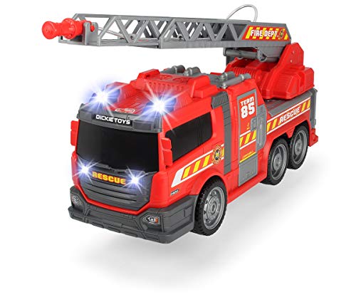 Dickie Toys 201137002 201137002-Fire Fighter - Camión de Bomberos con Rueda Libre, luz y Sonido, Bomba de Agua Manual, 36 cm, Color Rojo