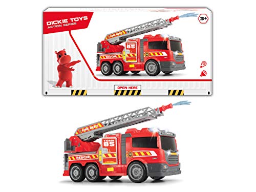 Dickie Toys 201137002 201137002-Fire Fighter - Camión de Bomberos con Rueda Libre, luz y Sonido, Bomba de Agua Manual, 36 cm, Color Rojo