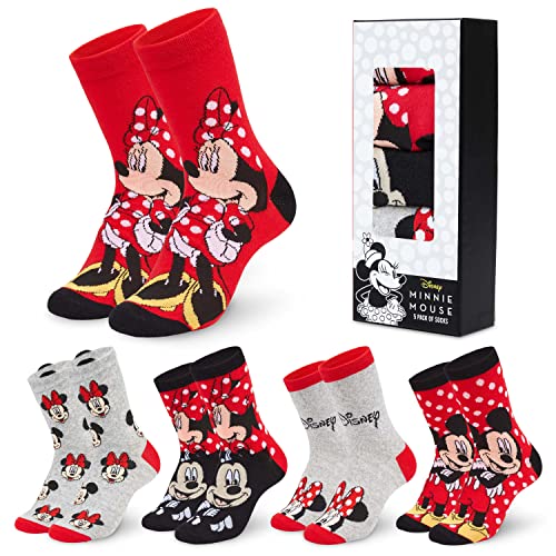 Disney Calcetines Mujer Divertidos de Minnie Mouse, Pack de 5 Calcetines Altos Mujer, Regalos Originales para Mujer (Gris/Rojo)