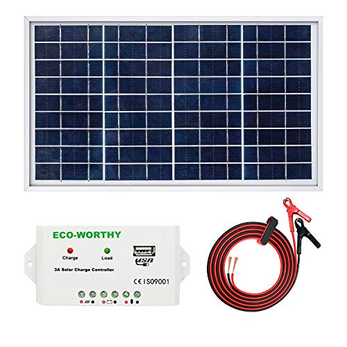 ECO-WORTHY Kit Solar 10W 12V: 1 Panel Solar 10W + Controlador de Carga 10A + 1 par de Pinzas Cocodrilo para cargar las Baterías 12V de Autocaravana, Barco, Lámpara de Jardín