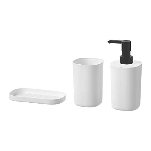 IKEA STORAVAN Juego de 3 piezas de baño con vaso para cepillos de dientes, dispensador de jabón, jabonera