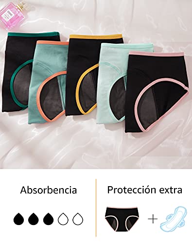 INNERSY Bragas Menstruales Protección de Ropa Interior Niña para Período Algodón Pack de 3(14-16 Años, 3 Negro)