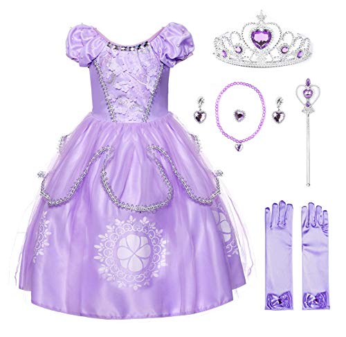 JerrisApparel Niña Disfraz de Princesa Sofía Tul Cumpleaños Partido Vestido (6 años, Lila con Accesorios)