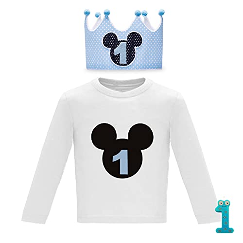 Kembilove Corona de Primer Cumpleaños con Camiseta – Adorable Conjunto de Cumpleaños de 1 Año para Niños y Niñas – Corona Ajustable Ideal para Fiestas de Cumpleaños Mickey Azul