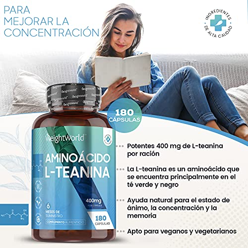 L-Teanina 400 mg, 180 Cápsulas Veganas - Suplemento de L Teanina con Ingredientes de Origen 100% Natural, Aminoácido Proveniente de las Hojas del Té Verde, Alternativa Natural al GABA