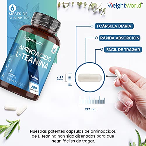 L-Teanina 400 mg, 180 Cápsulas Veganas - Suplemento de L Teanina con Ingredientes de Origen 100% Natural, Aminoácido Proveniente de las Hojas del Té Verde, Alternativa Natural al GABA