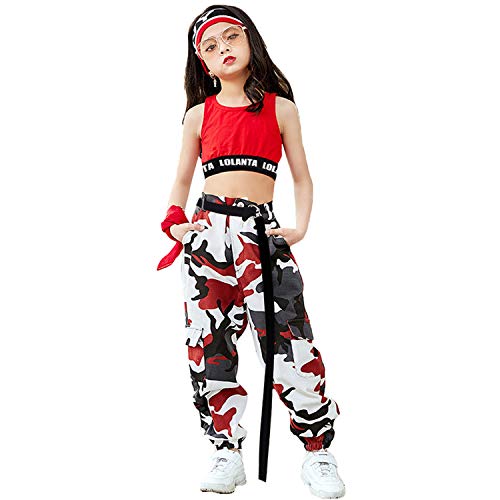 LOLANTA 2 Piezas Niñas Hip Hop Street Dance Solo Ropa Set Crop Tank Top+Camuflaje Jogger Pantalones, Rojo, 150