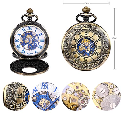 ManChDa Reloj de Bolsillo Hombre Mujer Relojes de Bolsillo con Cadena Relojes de Bolsillo mecánico Grabado Steampunk Números Romanos Mano Viento Reloj de Bolsillo