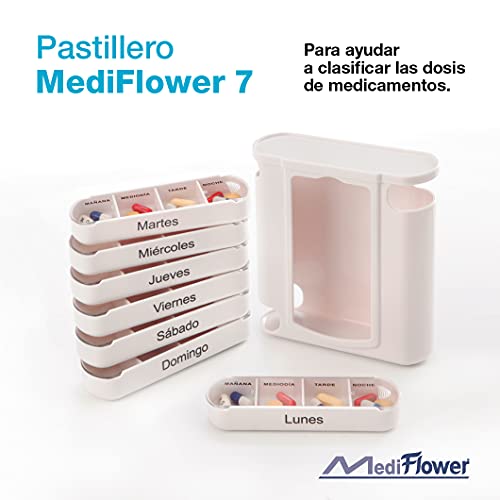 Mediflower Pastillero de viaje con 7 módulos. Pastillero semanal en español con dispensadores individuales de hasta 4 tomas - 200 g