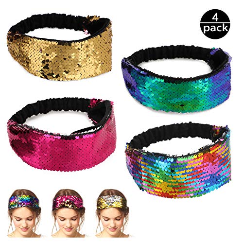 Mwoot Diademas elásticas para niñas, 4 piezas, banda de brillo reversible para el cabello brillante con lentejuelas