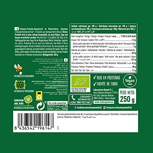 NaturGreen | Proteína de Guisante BIO 100% Vegano | Concentrado de proteína ecológica | Superalimento | Texturizado | Contiene 250 g