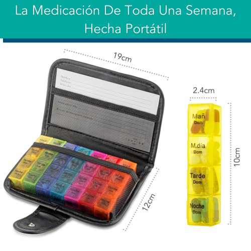 Pastillero con estuche negro (español) Tabtime, organizador semanal de pastillas de 7 días con 28 compartimentos para vitaminas, suplementos y medicamentos