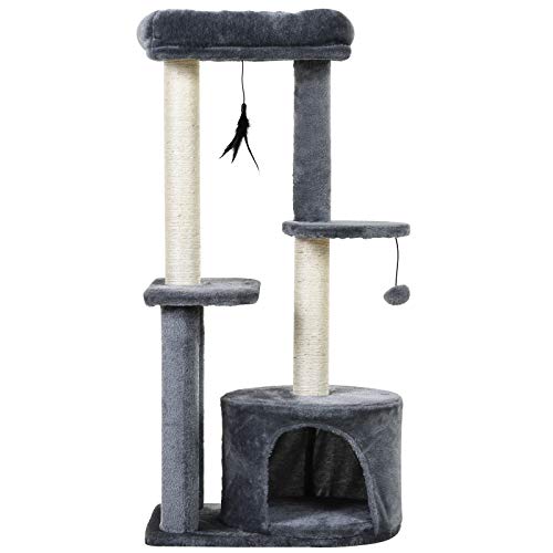 PawHut Árbol para Gatos Multi-Niveles Torre de Gato con 1 Habitación 2 Plataformas Poste Rascador Sisal Tejido 48x35x100 cm Gris
