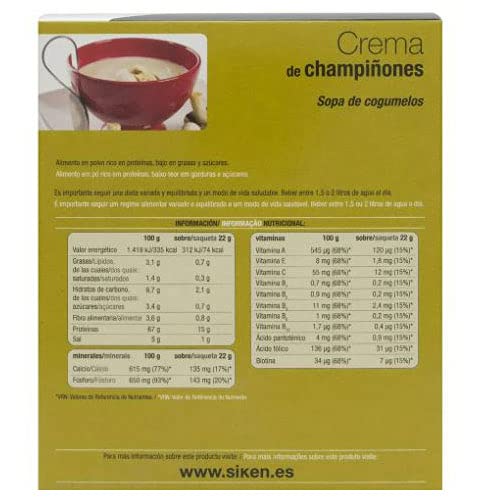 Siken Diet - Crema Sabor Champiñones, Rica en Proteínas y Baja en Grasas - Estuche con 7 sobres de 22 g, 154 g