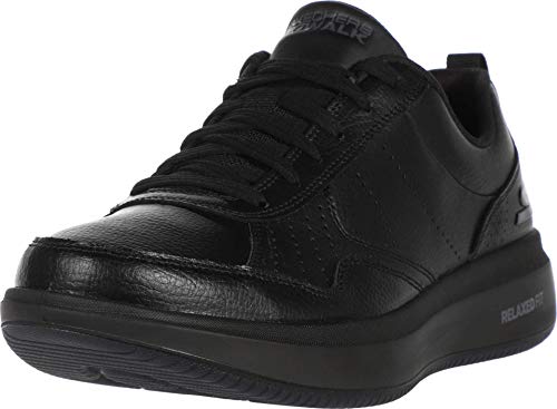 Skechers Men's GO Walk Steady Sneakers, Black Leather/Textile/White Trim, Numeric_11_Point_5