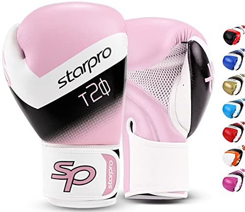 Starpro T20 Guantes de Boxeo de Cuero de PU para Entrenamiento y Sparring en Muay Thai Kickboxing Fitness - Hombres y Mujeres - Múltiples Colores - 8oz 10 oz 12 oz 14 oz 16 oz (Rosa Claro, 14oz)
