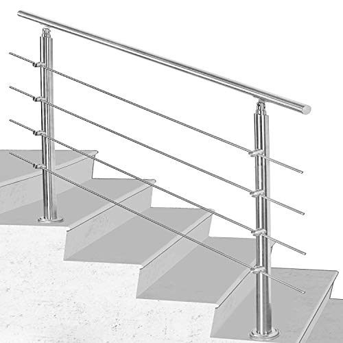 SWANEW Pasamanos escalera acero inox 80*4.2*106.5cm,4 barras,barandilla con kit de instalación,para Exteriores Ático Barandas para Ancianos y niños