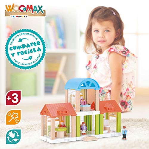 WOOMAX - Casita modular de muñecas de madera, WOOMAX, 31x10,5x23x5 cm, incluye 4 muñecos, 42 piezas, casa muñecas de madera, juego motricidad fina 3 años, + 3 años, (46442)