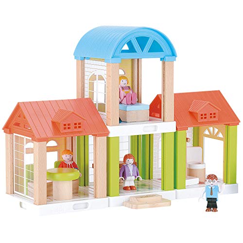 WOOMAX - Casita modular de muñecas de madera, WOOMAX, 31x10,5x23x5 cm, incluye 4 muñecos, 42 piezas, casa muñecas de madera, juego motricidad fina 3 años, + 3 años, (46442)