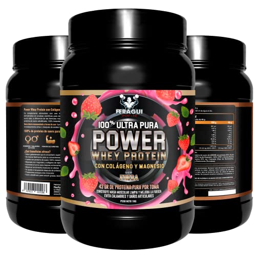 100% Power Whey Protein | 43 gr de Proteina Pura por toma + Colágeno + Magnesio | Aumenta el crecimiento muscular | Entrenamientos intensos | Máxima asimilación | Protege las fibras musculares | 1 kg