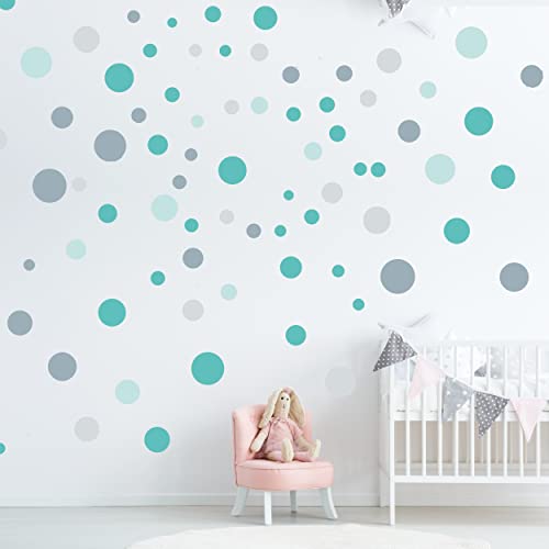 100 tatuajes de pared de lunares para el cuarto de los niños - set de 100 pegatinas de pared - colores pastel para bebé para pegar círculos de papel de pared, menta - turquesa - azul claro - gris
