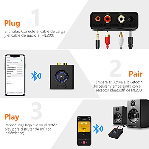 1Mii Receptor Audio Bluetooth 5.0 Inalámbrico HiFi, Adaptador Audio Bluetooth de Baja Latencia con Salida RCA/Jack AUX 3.5 mm para Altavoz, Amplificador, Modo de Graves, 12 Horas de Batería
