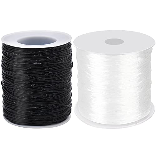 2 rollos de goma elástica para pulseras, hilo de joyería, cinta elástica, para collares, fabricación de joyas y manualidades, negro y transparente (0,8 mm/1 mm, 100 m)