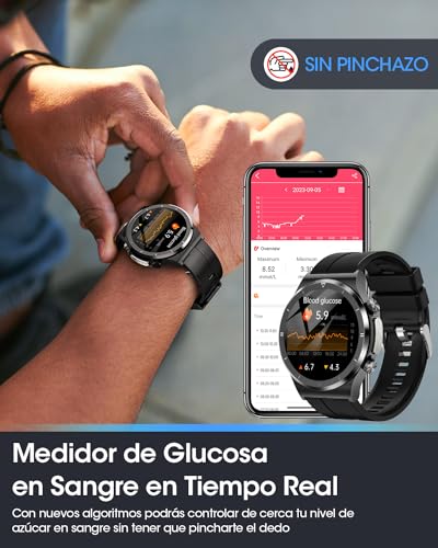 2023 Nuevo Reloj Inteligente Hombre, Reloj Medidor Glucosa en Sangre, 24/7 Pulsómetro y Monitor Sueño, 1,39” Pantalla Smartwatch con Llamadas, 123 Modos Deportivos, IP68 Impermeable Android iOS