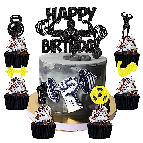 25 Piezas Gimnasio Decoración Tartas Gym Happy Birthday Cake Toppers Fitness Temática Adornos para Tartas Cupcake Toppers Kettlebell Mancuerna Fiesta Decoración Suministros para Hombres Mujeres