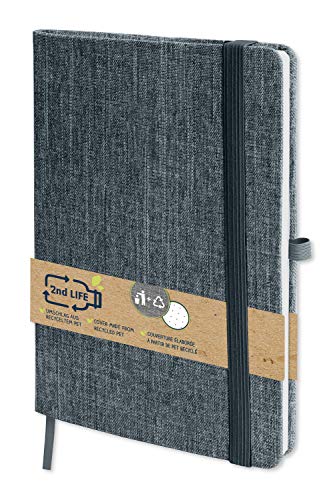 2nd LIFE Bullet Journal Negro | DIN A5 | 192 páginas interiores con puntadas | Cuaderno de PET reciclado, para notas y bocetos | banda elástica, lazo para bolígrafo, bolsillo plegable