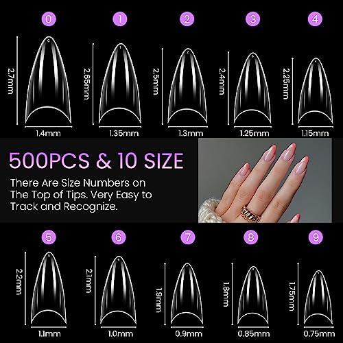 500 Piezas Uñas Estileto Postizas Transparentes para Extensión Nail Art, Francesa 10 Tamaños Tips Uñas Acrilicas Uñas Falsas Puntas de Uñas Artificiales de Gel Semipermanentes Diseño